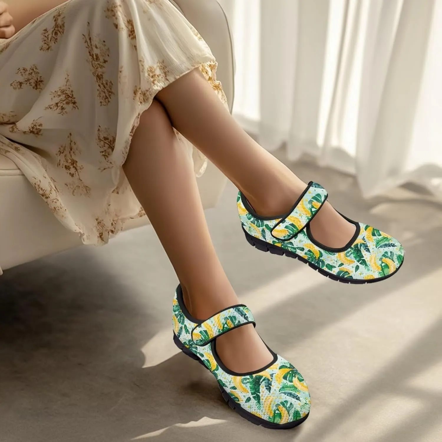 Howilath Fruit Print Mary Jane Shoes Women Mesh Casual Flats Shoes Ballet Flats Shoes Princess Shoe