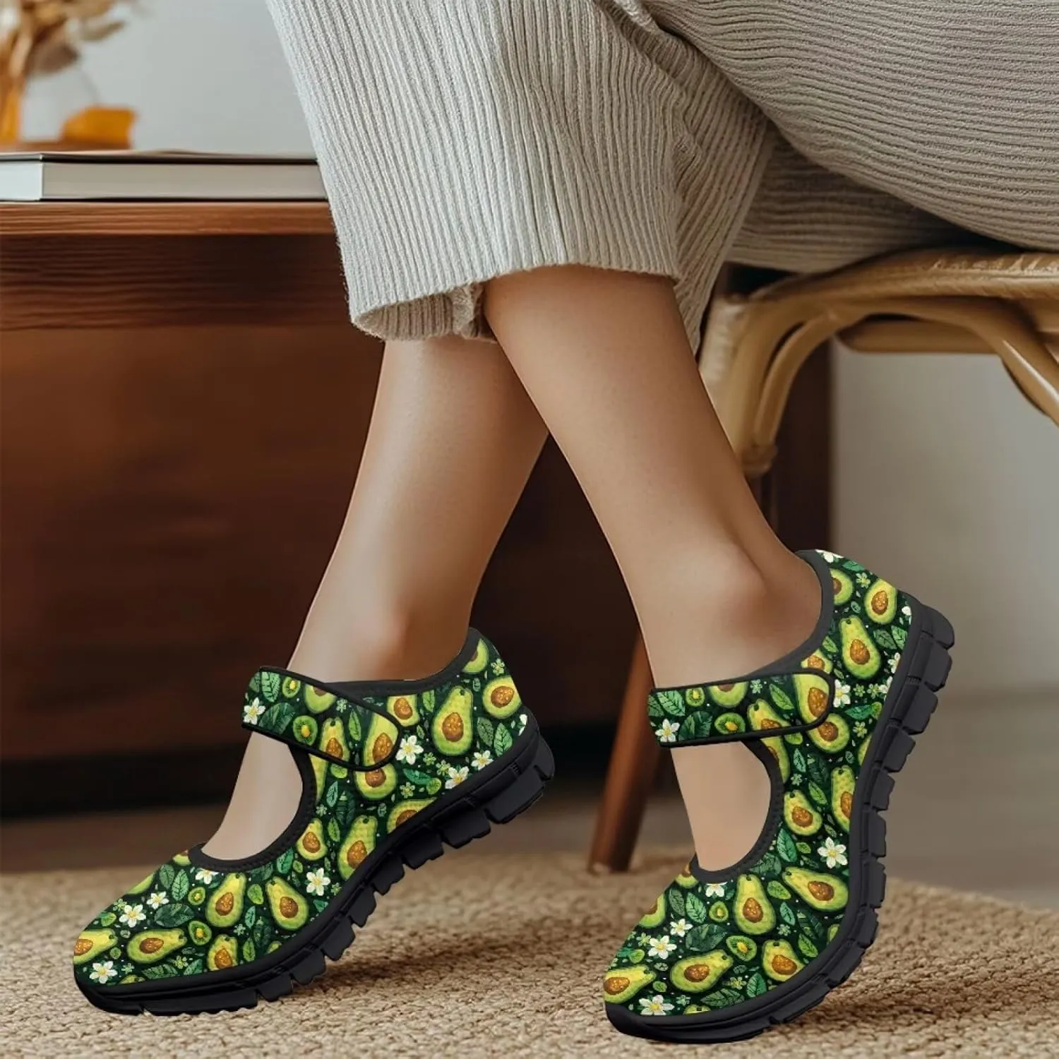Howilath Fruit Print Mary Jane Shoes Women Mesh Casual Flats Shoes Ballet Flats Shoes Princess Shoe