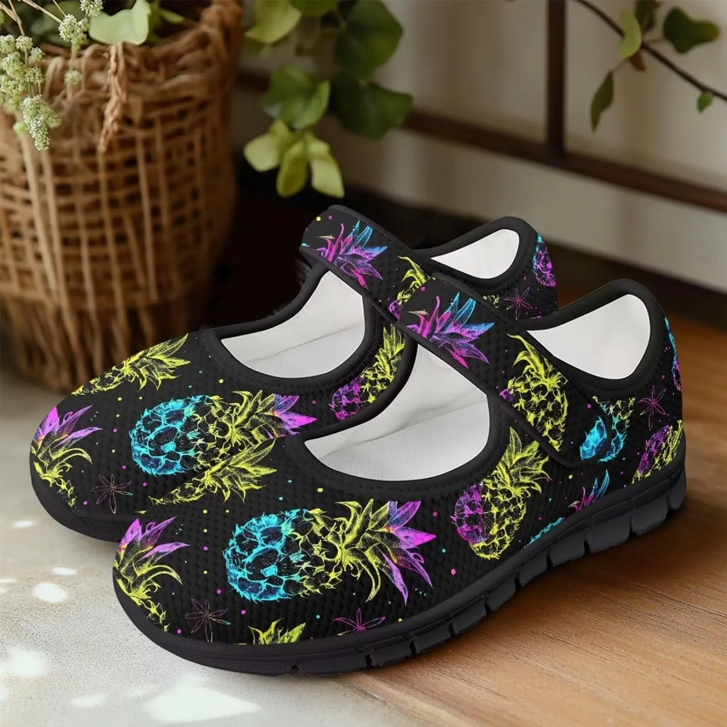 Howilath Fruit Print Mary Jane Shoes Women Mesh Casual Flats Shoes Ballet Flats Shoes Princess Shoe