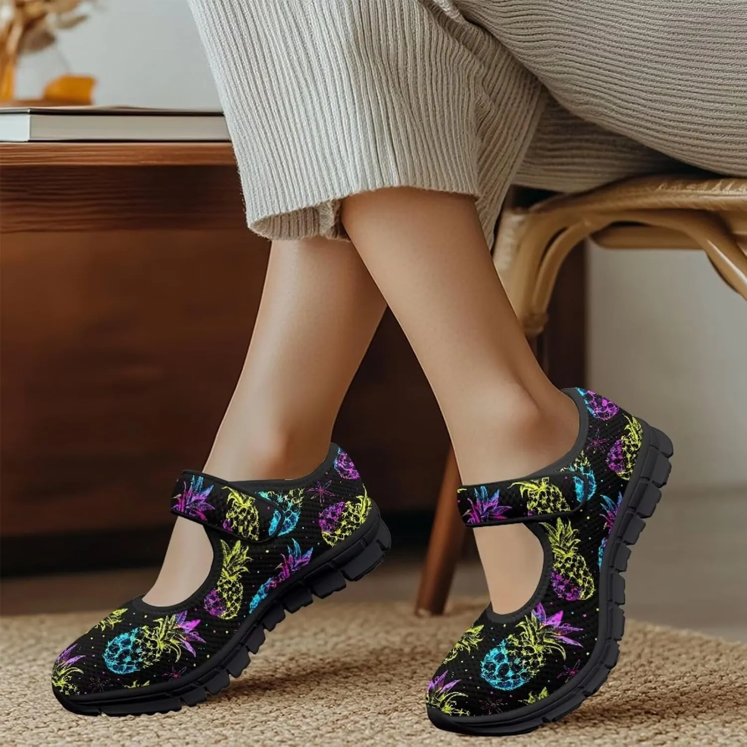Howilath Fruit Print Mary Jane Shoes Women Mesh Casual Flats Shoes Ballet Flats Shoes Princess Shoe