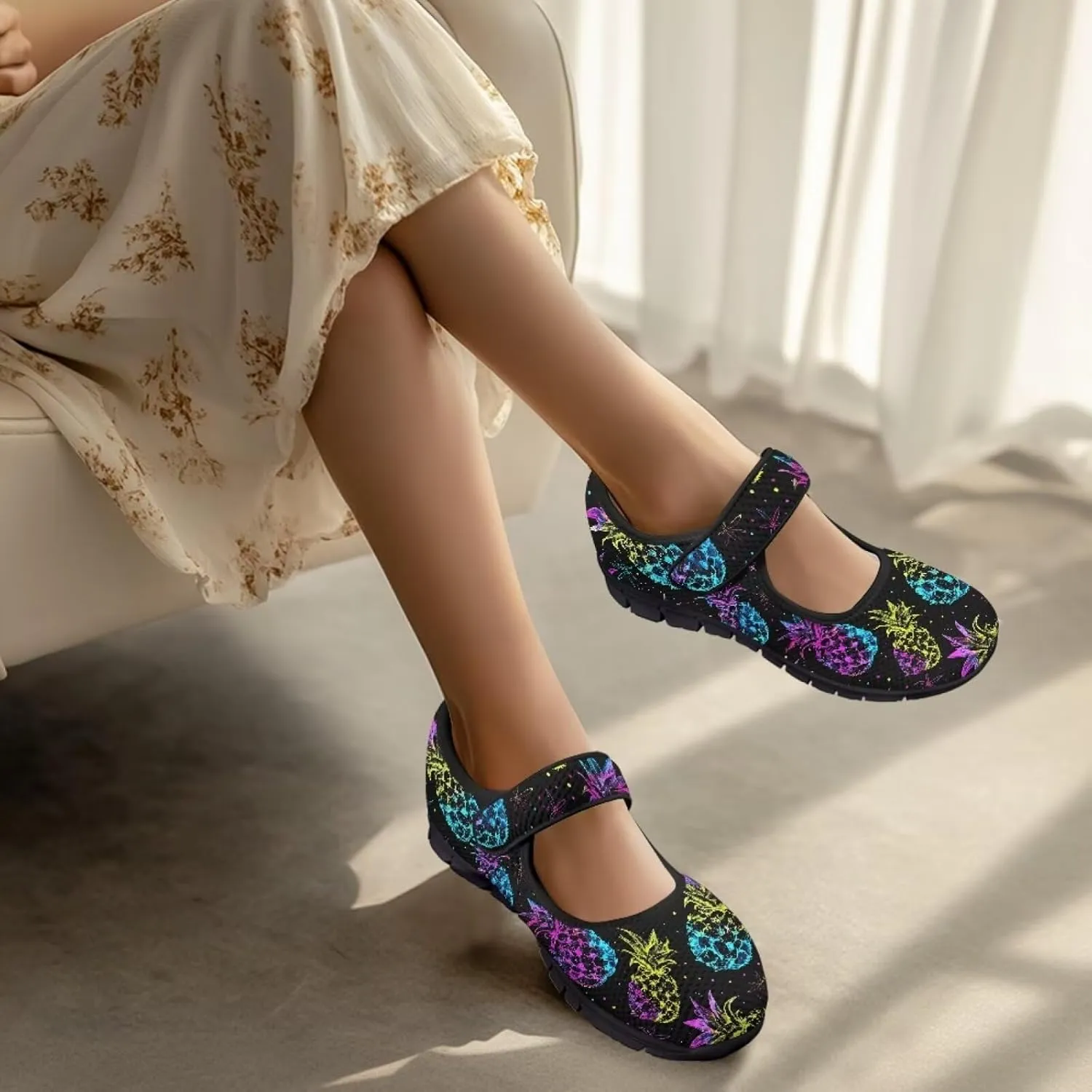 Howilath Fruit Print Mary Jane Shoes Women Mesh Casual Flats Shoes Ballet Flats Shoes Princess Shoe