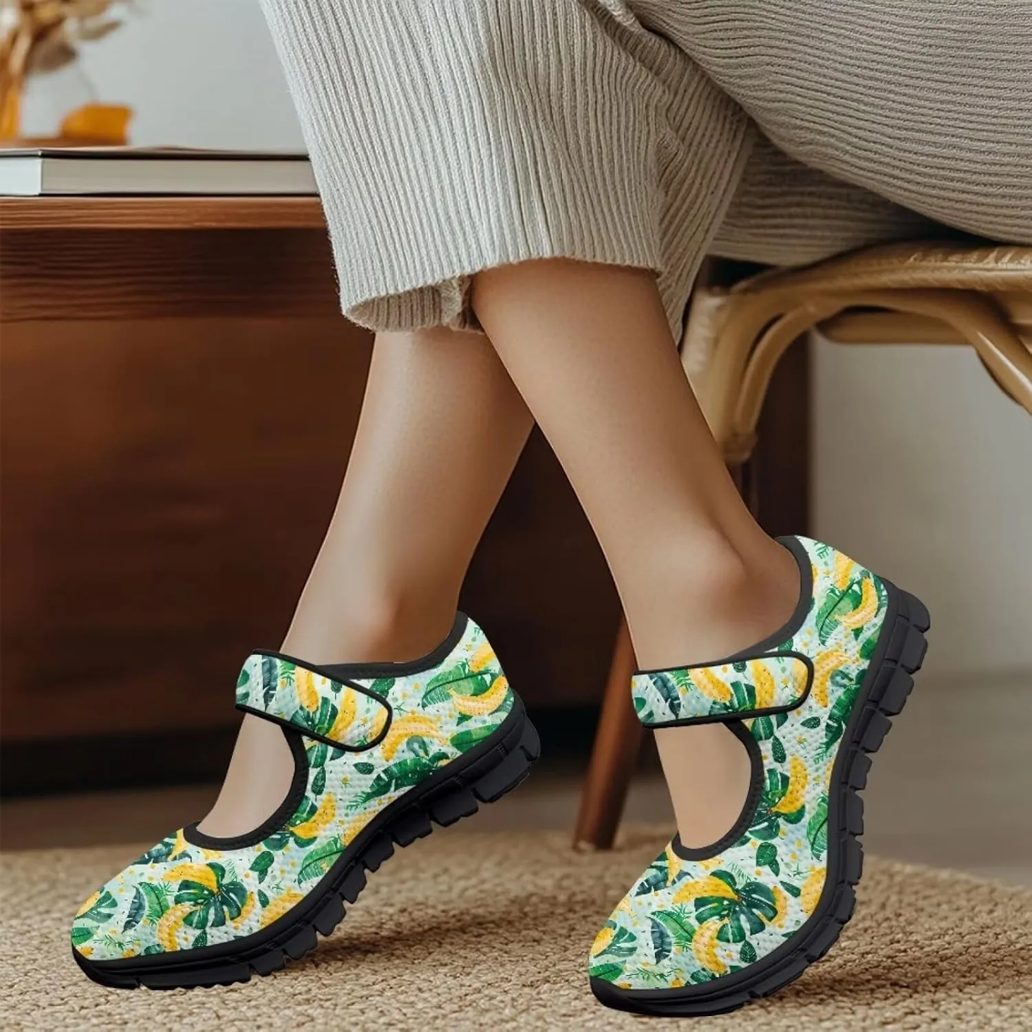 Howilath Fruit Print Mary Jane Shoes Women Mesh Casual Flats Shoes Ballet Flats Shoes Princess Shoe