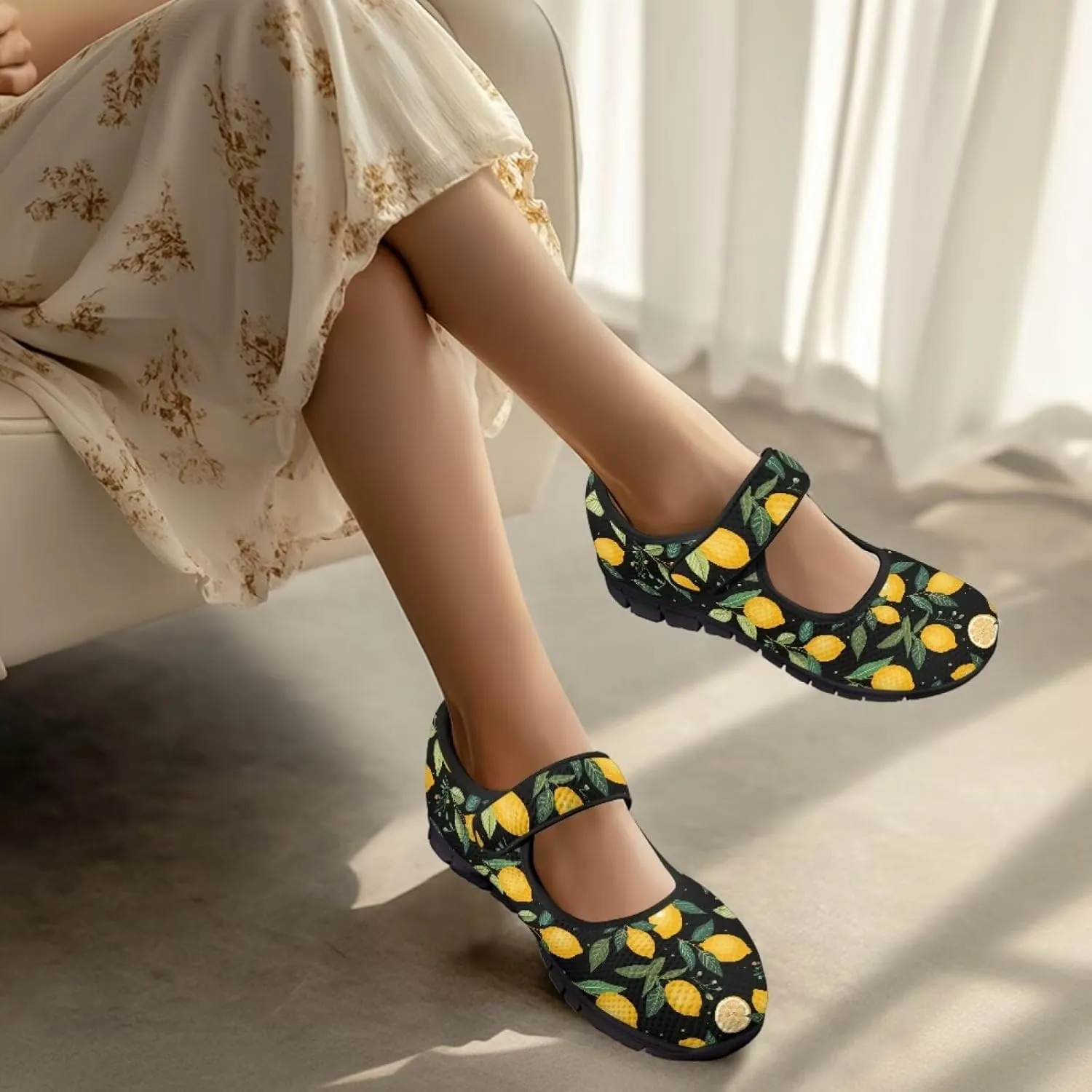 Howilath Fruit Print Mary Jane Shoes Women Mesh Casual Flats Shoes Ballet Flats Shoes Princess Shoe