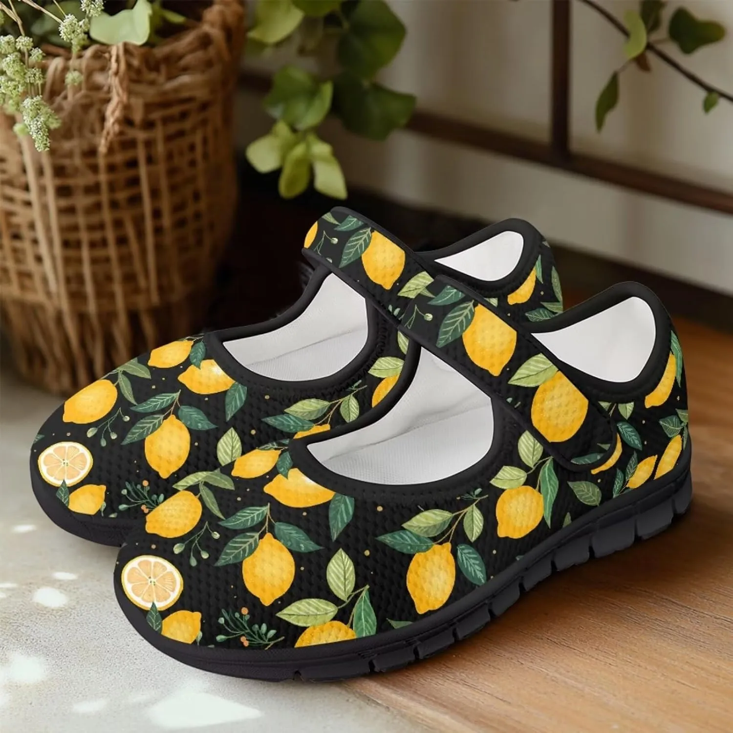 Howilath Fruit Print Mary Jane Shoes Women Mesh Casual Flats Shoes Ballet Flats Shoes Princess Shoe