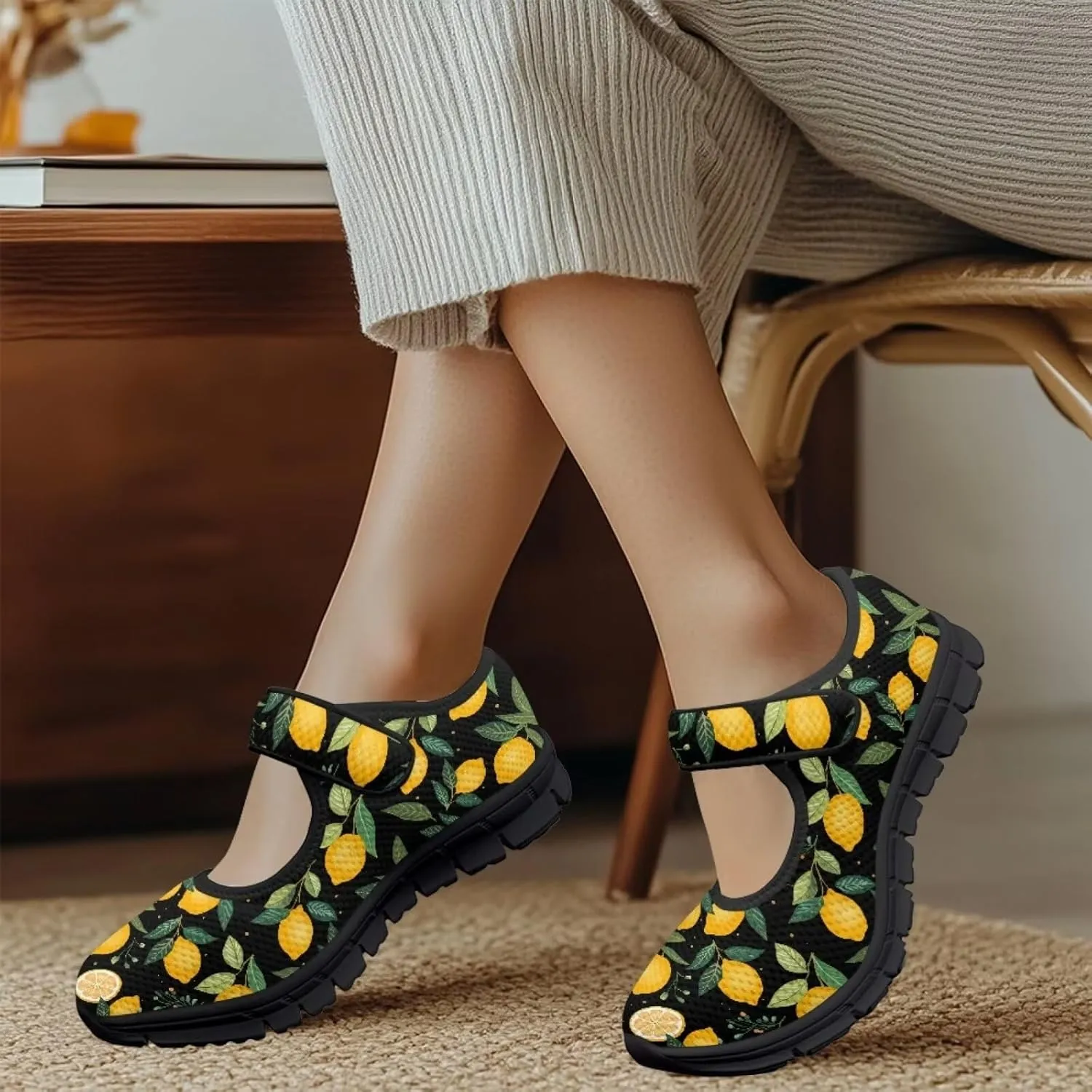 Howilath Fruit Print Mary Jane Shoes Women Mesh Casual Flats Shoes Ballet Flats Shoes Princess Shoe