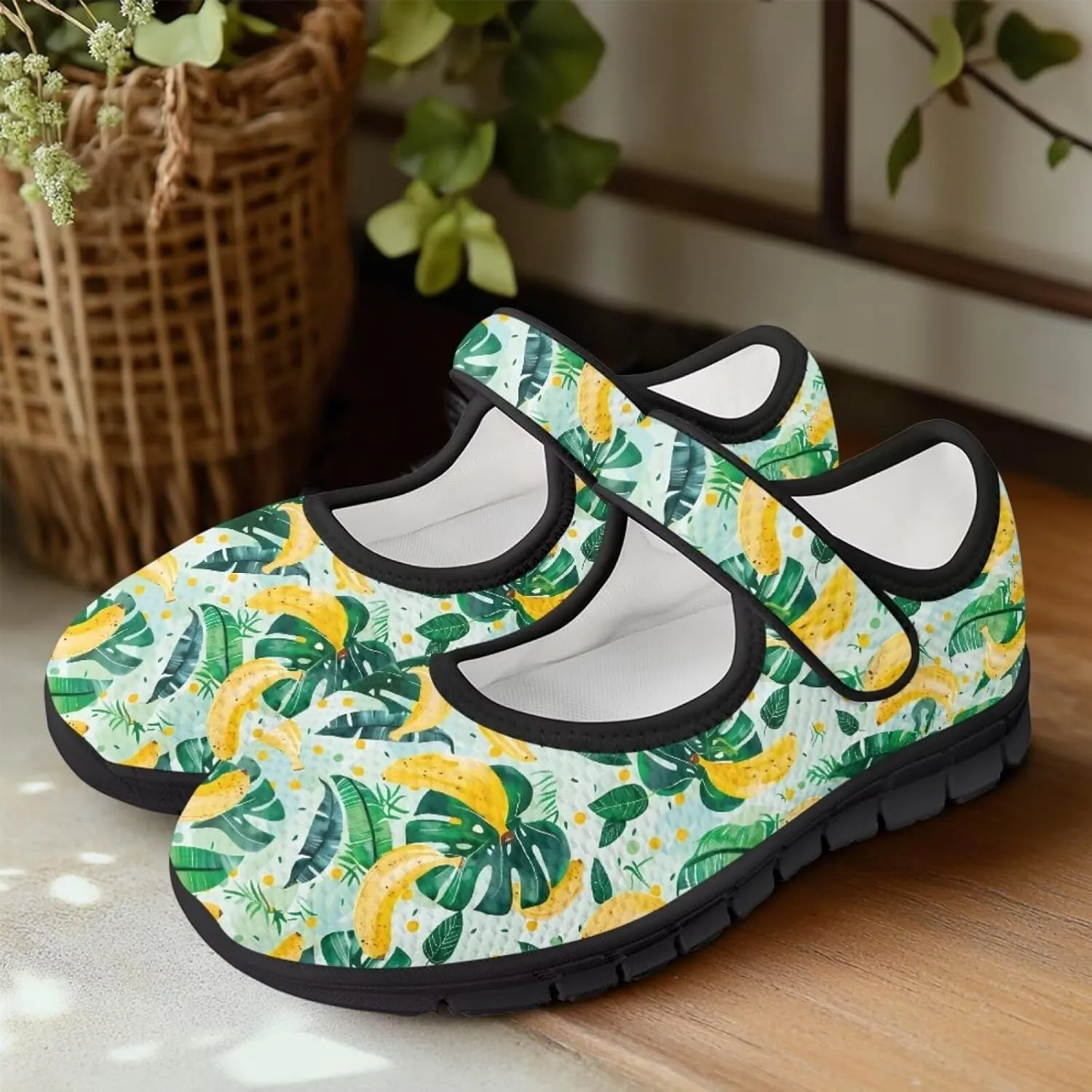 Howilath Fruit Print Mary Jane Shoes Women Mesh Casual Flats Shoes Ballet Flats Shoes Princess Shoe
