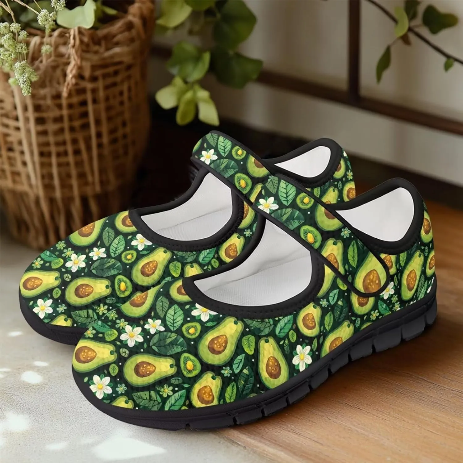 Howilath Fruit Print Mary Jane Shoes Women Mesh Casual Flats Shoes Ballet Flats Shoes Princess Shoe