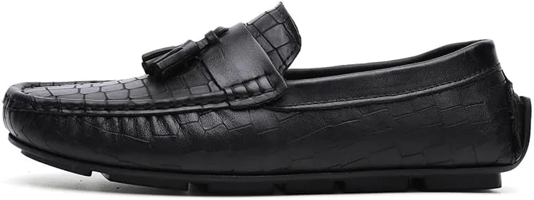 Mens Loafers Round Toe Leather Stone Pattern Driving Loafers Lightweight Anti-Slip Comfortable Wedding Slip-ons
