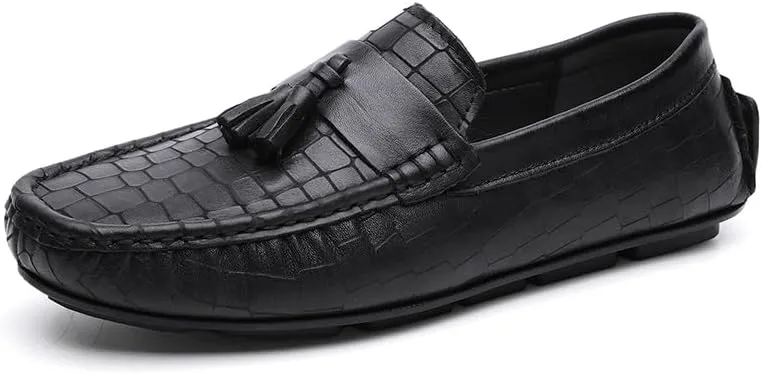 Mens Loafers Round Toe Leather Stone Pattern Driving Loafers Lightweight Anti-Slip Comfortable Wedding Slip-ons