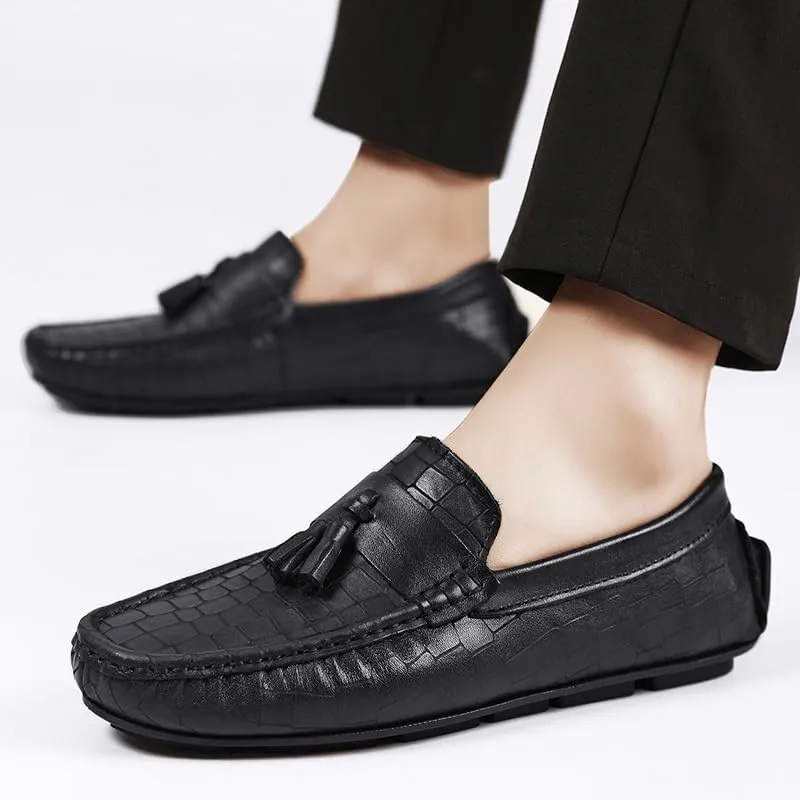 Mens Loafers Round Toe Leather Stone Pattern Driving Loafers Lightweight Anti-Slip Comfortable Wedding Slip-ons