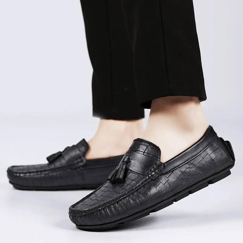 Mens Loafers Round Toe Leather Stone Pattern Driving Loafers Lightweight Anti-Slip Comfortable Wedding Slip-ons