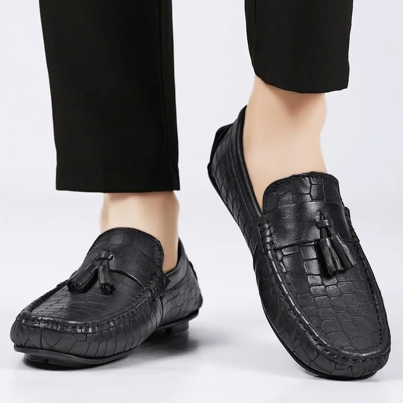 Mens Loafers Round Toe Leather Stone Pattern Driving Loafers Lightweight Anti-Slip Comfortable Wedding Slip-ons
