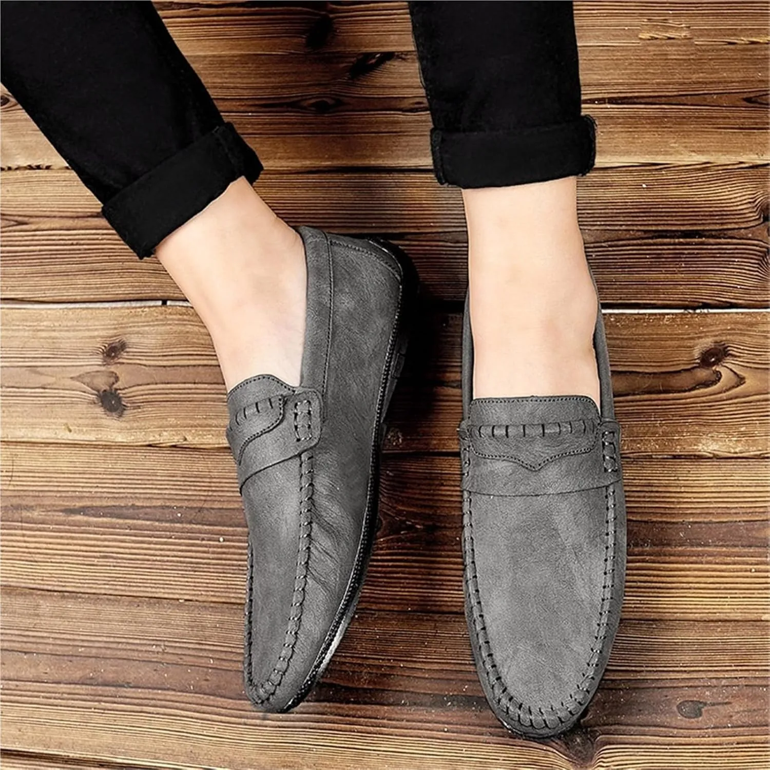 Mens Loafers Shoe Solid Color Round Toe PU Leather Flexible Slip Resistant Flat Heel Outdoor Slip-ons