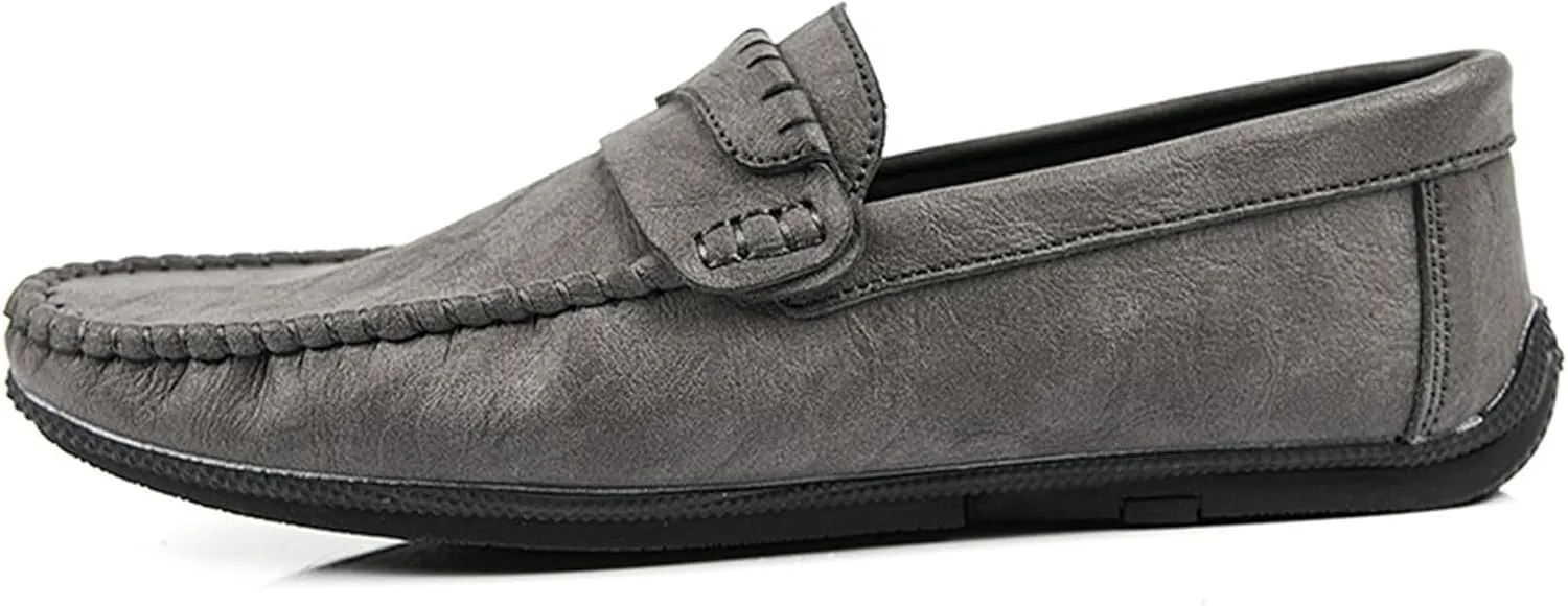 Mens Loafers Shoe Solid Color Round Toe PU Leather Flexible Slip Resistant Flat Heel Outdoor Slip-ons