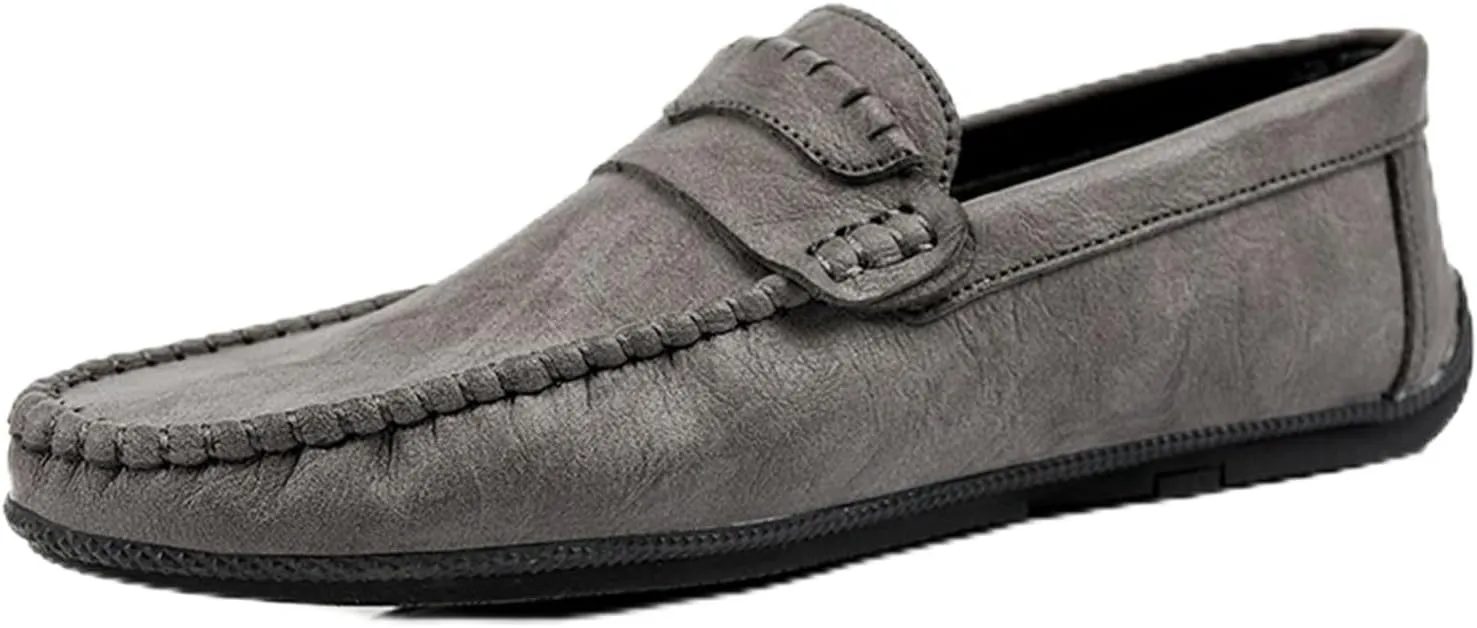 Mens Loafers Shoe Solid Color Round Toe PU Leather Flexible Slip Resistant Flat Heel Outdoor Slip-ons